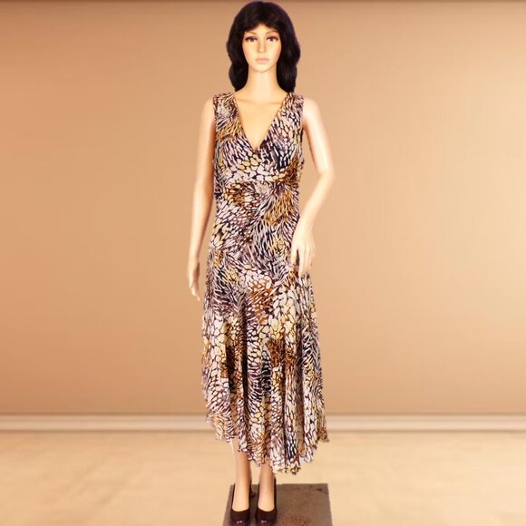 CHRIS McLAUGHLIN size 10 silk-like earth-tone sleeveless fit/flare maxi dress - Picture 1 of 11